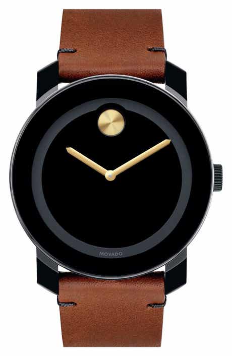 Movado 'Bold' Leather Strap Watch, 42mm
