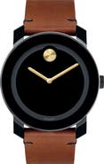 Movado 'Bold' Leather Strap Watch, 42mm