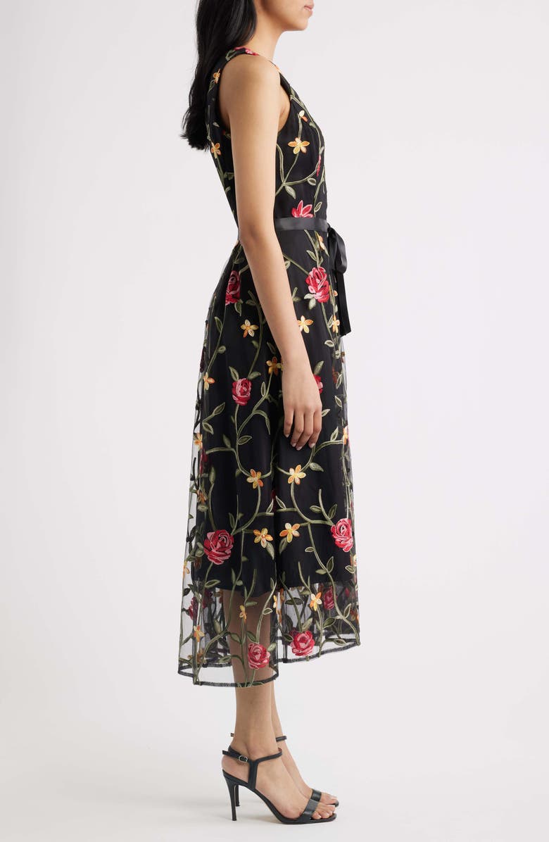 Tahari ASL Floral Embroidered Sleeveless Midi Dress, Alternate, color, Black Multi