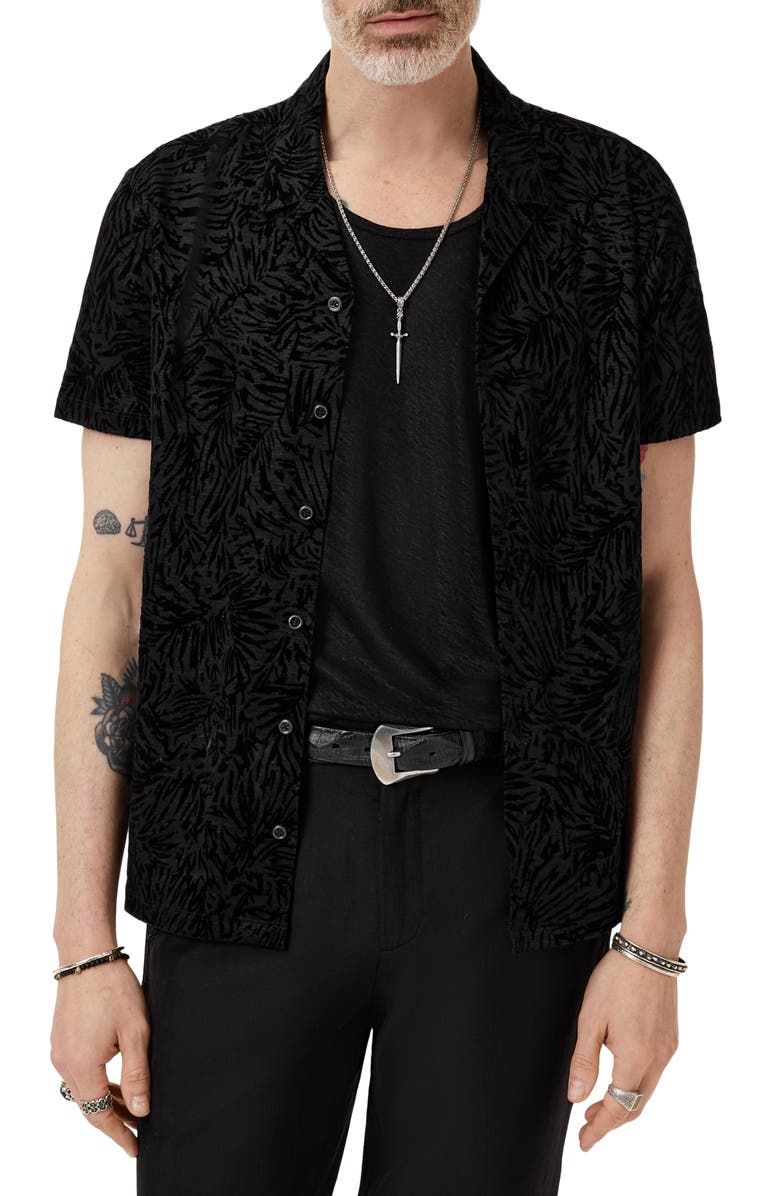 John Varvatos Matera Frond Jacquard Short Sleeve Organic Linen Button-Up Shirt, Alternate, color, Black