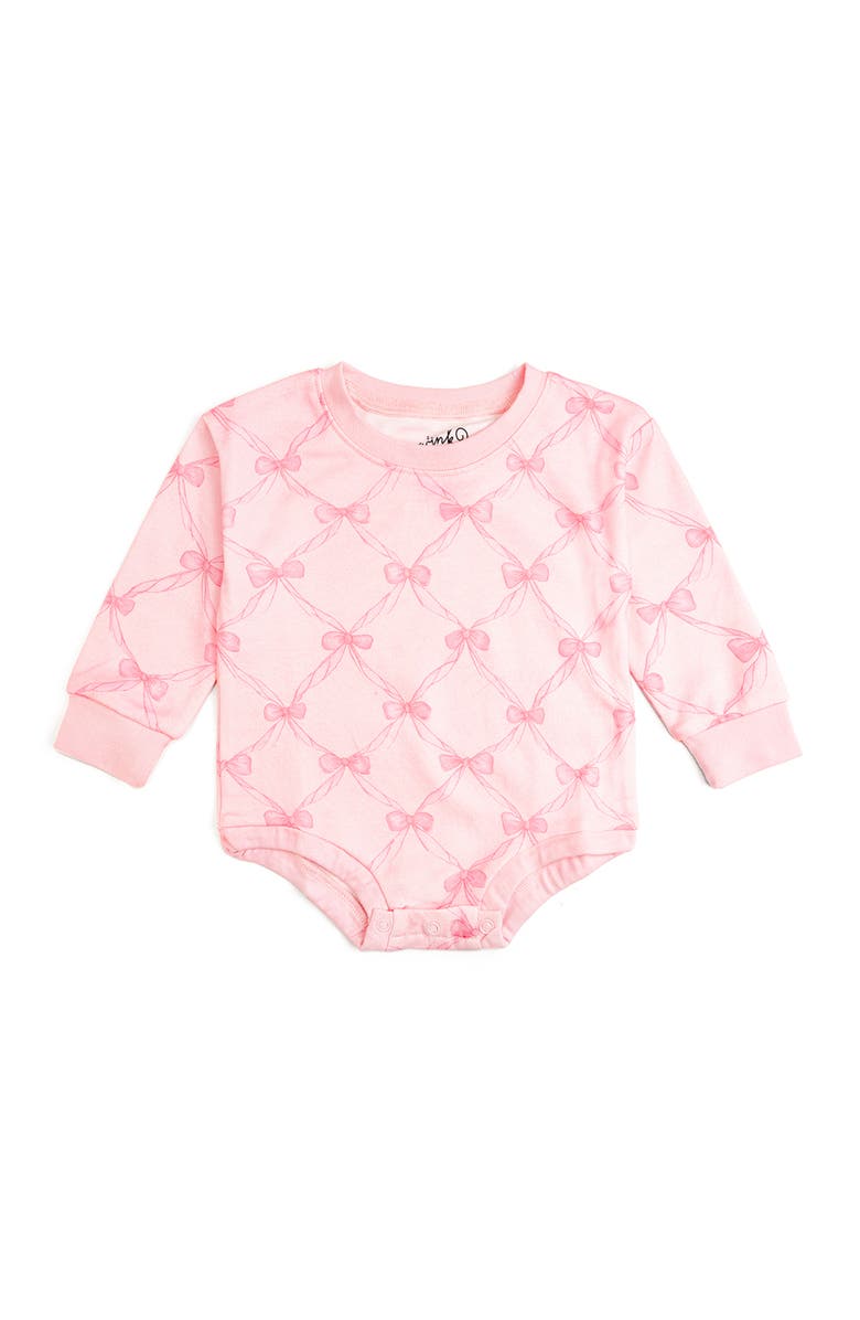 Sweet Wink Bow Trellis Long Sleeve Romper, Main, color, Ballet Pink