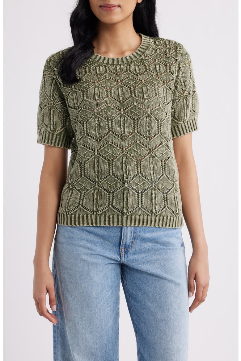 Open Stitch Short Sleeve Sweater, Main, color, PINE