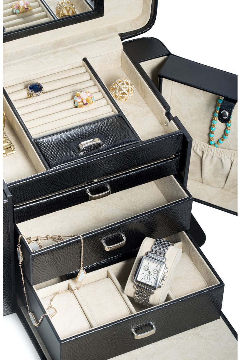 Lizard Print Leather Jewelry Box, Alternate, color, BLACK