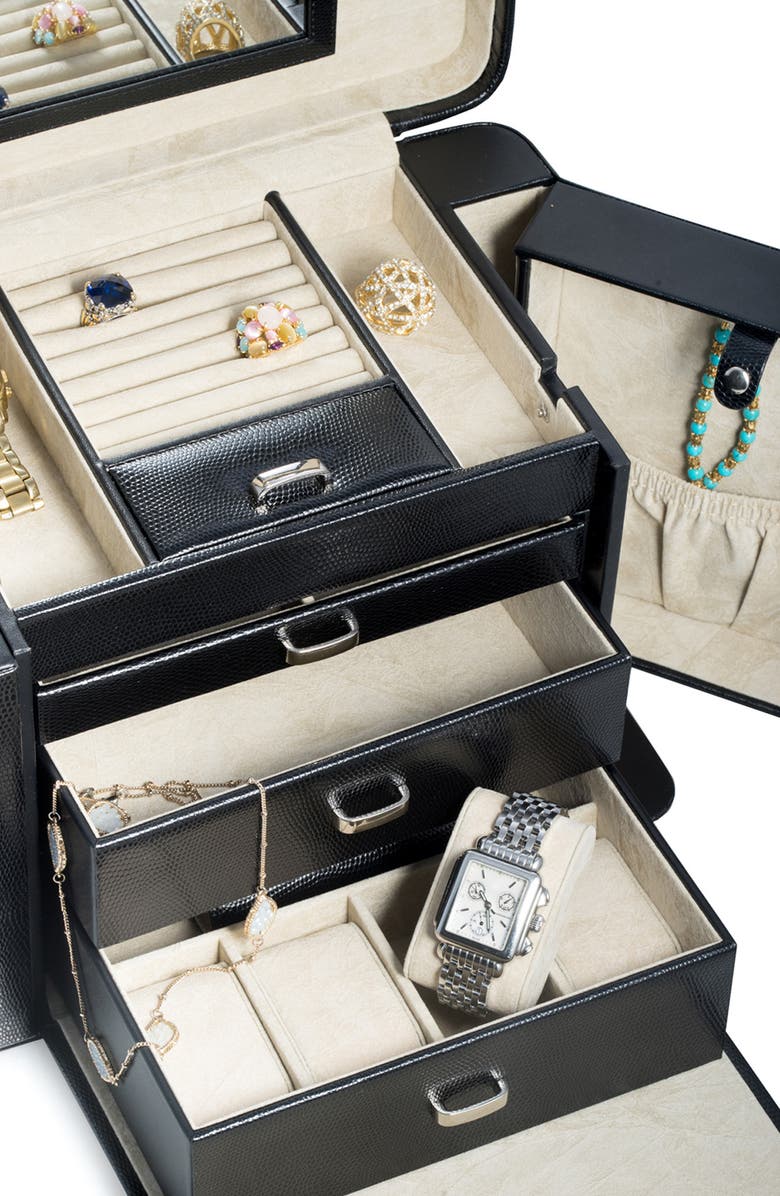 Bey-Berk Lizard Print Leather Jewelry Box, Alternate, color, Black