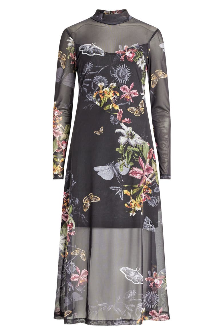 Hanna Sanibel Floral Print Long Sleeve Mesh Maxi Dress, Alternate, color, BLACK