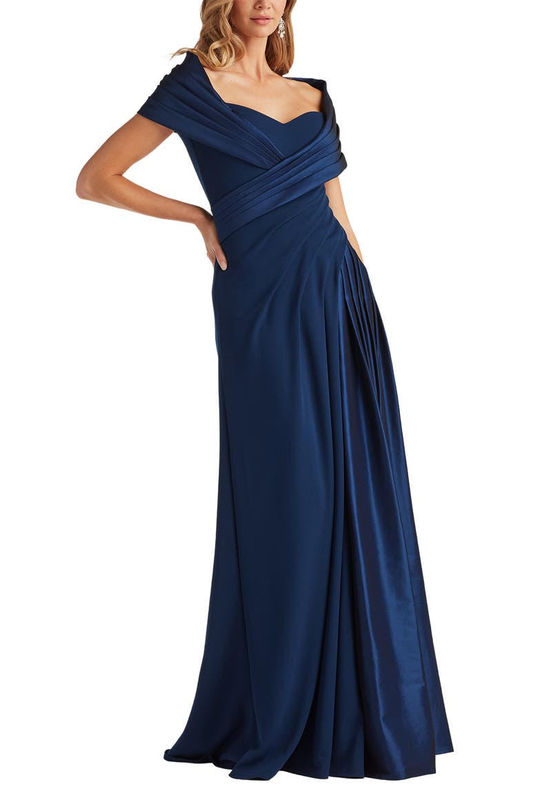 Portrait Collar Satin & Crepe Gown, Main, color, NAVY