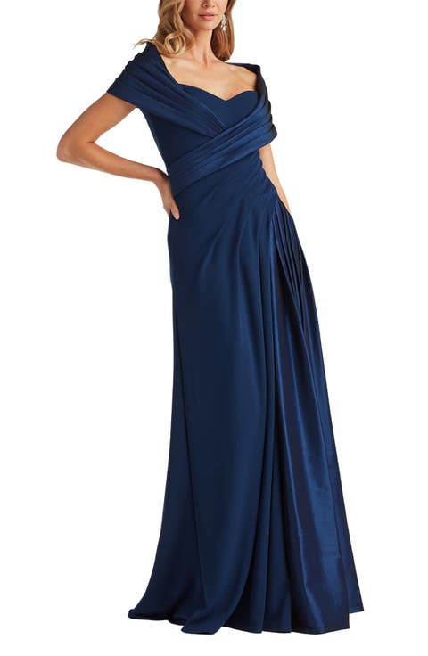 Portrait Collar Satin & Crepe Gown