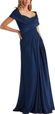Tadashi Shoji Portrait Collar Satin & Crepe Gown