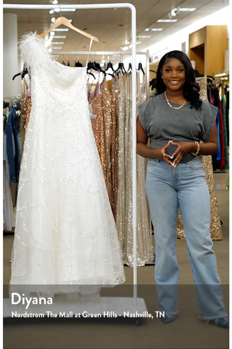 Embellished One-Shoulder A-Line Gown with Feather Accent video