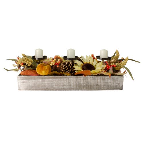 Northlight Autumn Sunflower "grateful" Triple Candle Holder Centerpiece In Gray