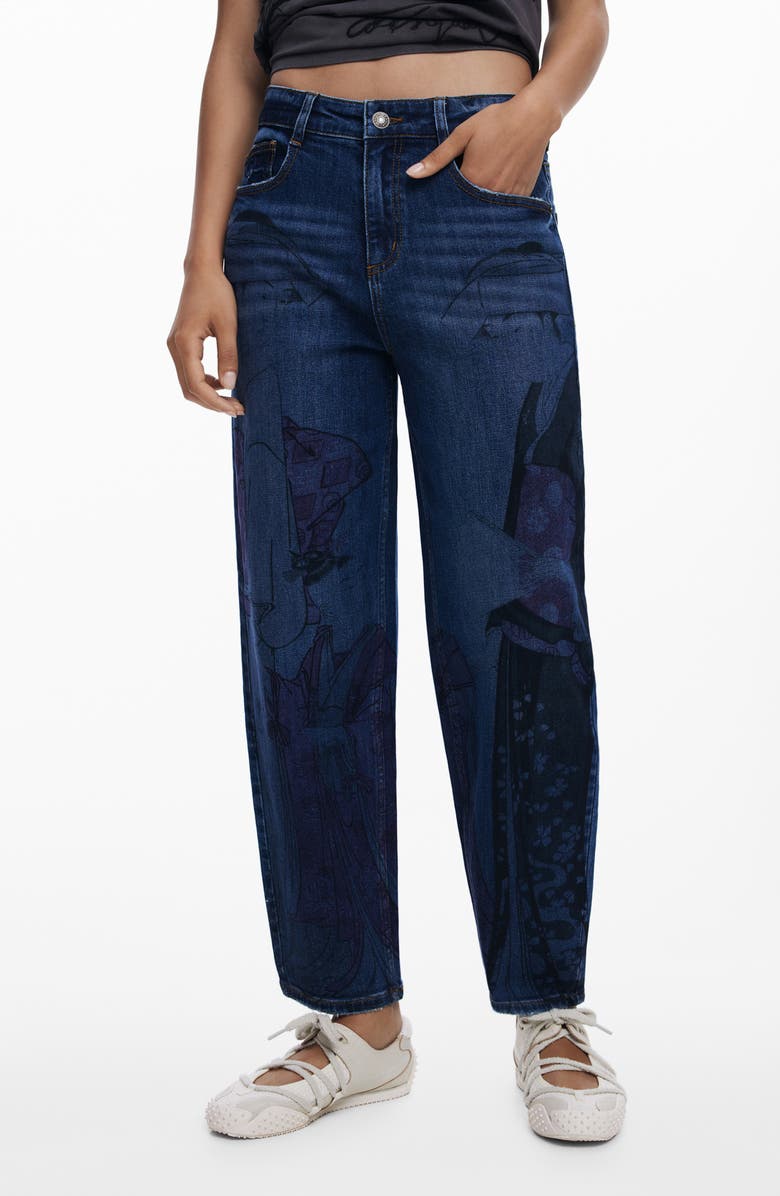 Desigual Graphic Barrel Leg Ankle Jeans, Main, color, Dark Blue