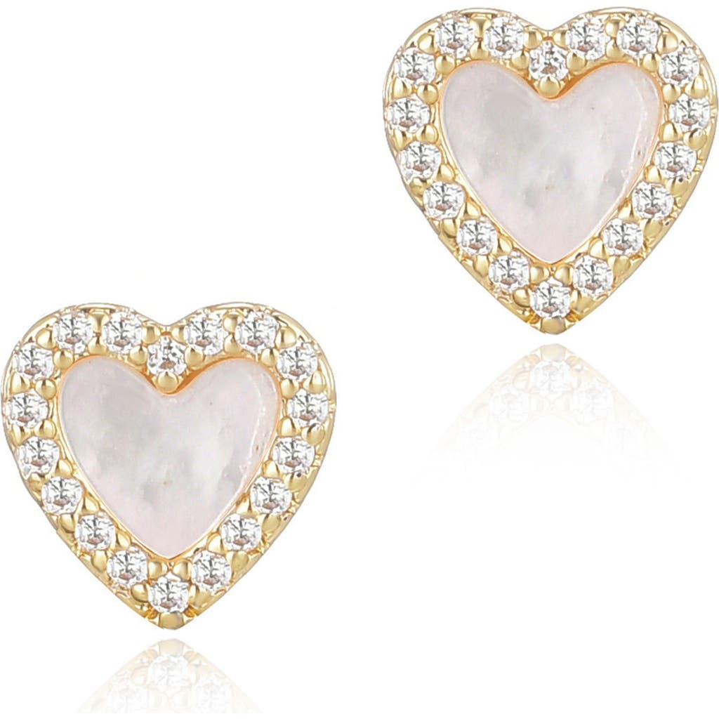 Adornia 14k Gold Plated Mother Of Pearl Mini Halo Cz Heart Studs In Gold