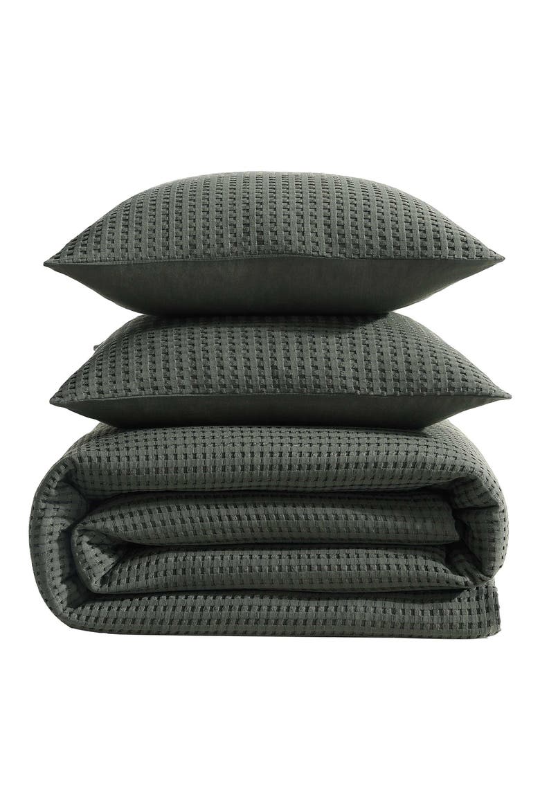 Solid Waffle Knit Duvet Cover & Sham Set, Main, color, DARK GREEN