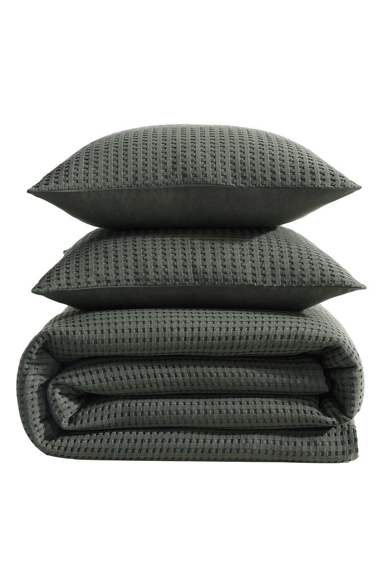 Kenneth Cole New York Solid Waffle Knit Duvet Cover & Sham Set, Main, color, Dark Green