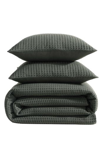 Kenneth Cole New York Solid Waffle Knit Duvet Cover & Sham Set In Dark Green