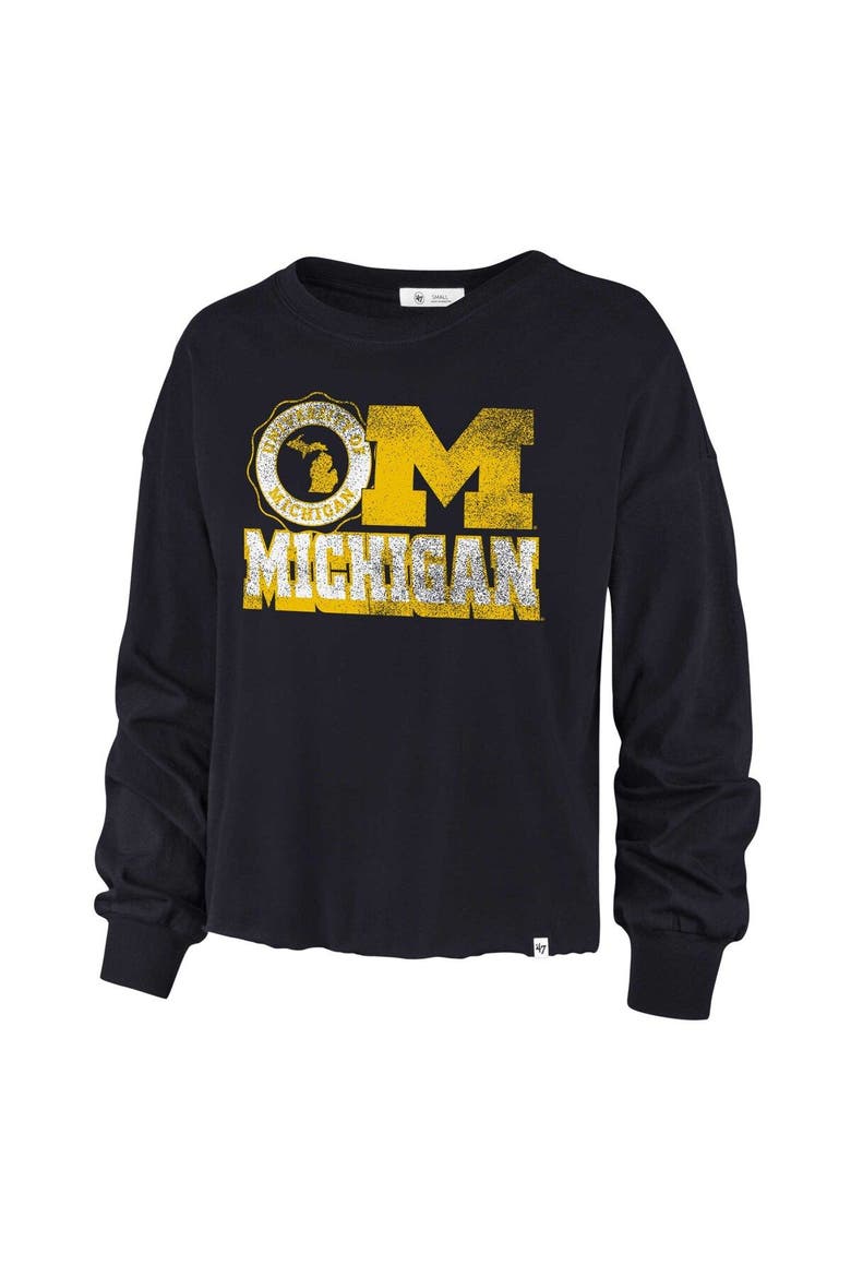 Women's '47 Navy Michigan Wolverines Bottom Line Parkway Long Sleeve High Waist T-Shirt, Alternate, color, Navy