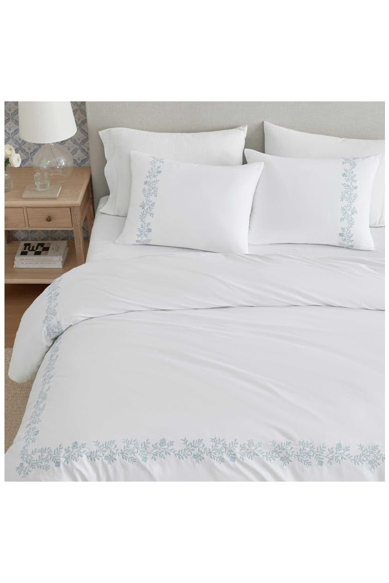 Garden Path Embroidery Cotton Duvet Set, Alternate, color, WHITE/ WINTER BLUE