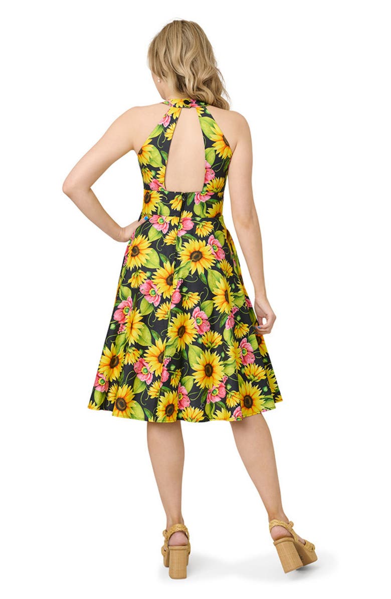 Unique Vintage Sleeveless Halter Swing Dress, Alternate, color, Black & Sunflowers