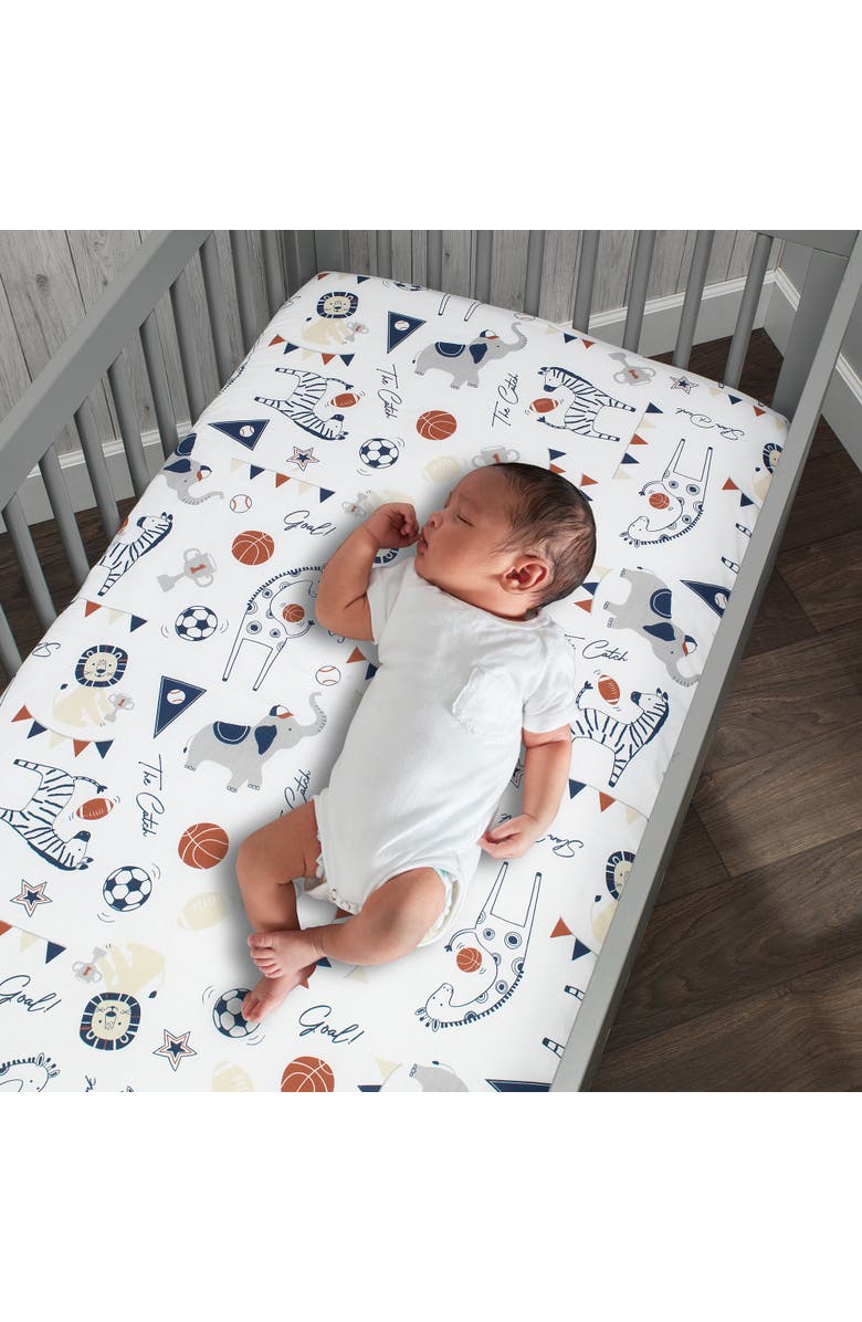 Lambs & Ivy Hall of Fame Animals/Sports 100% Cotton Fitted Baby Crib Sheet, Alternate, color, Blue Multi