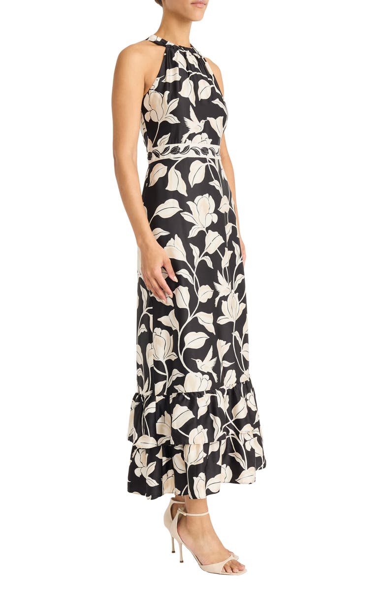 Maggy London High Neck Ruffle Maxi Dress, Alternate, color, Black/ Cream