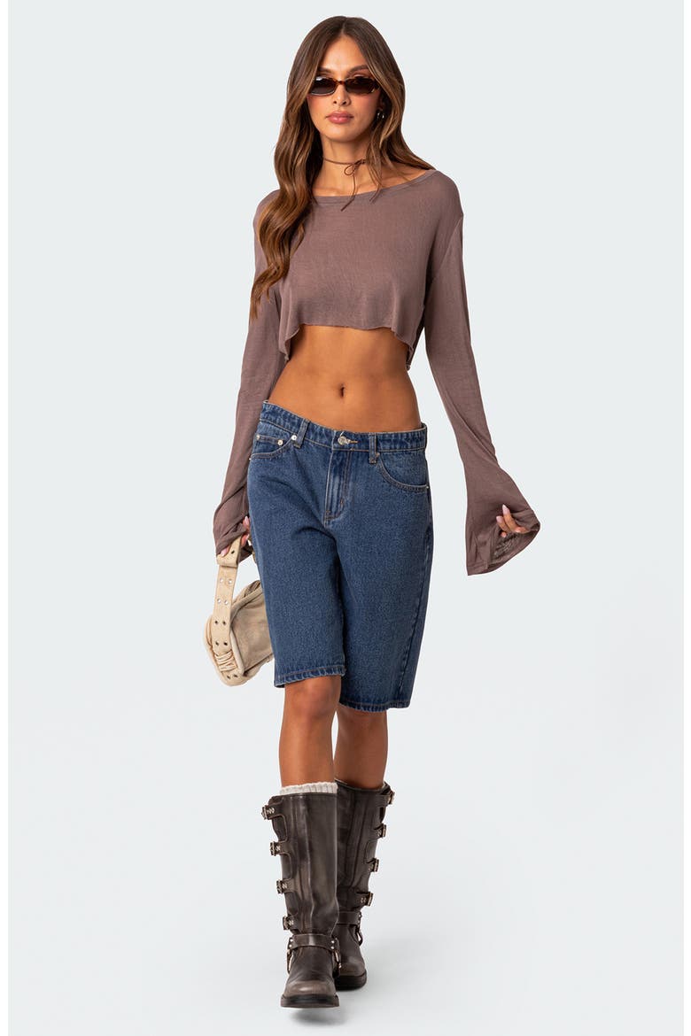 Sheer Raw Hem Crop Top, Alternate, color, BROWN