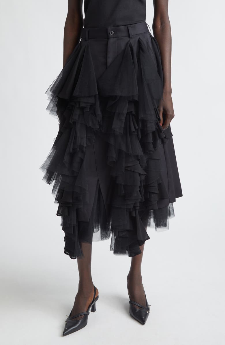 Noir Kei Ninomiya Wool Gabardine Skirt with Tulle Ruffles, Main, color, Black X Black
