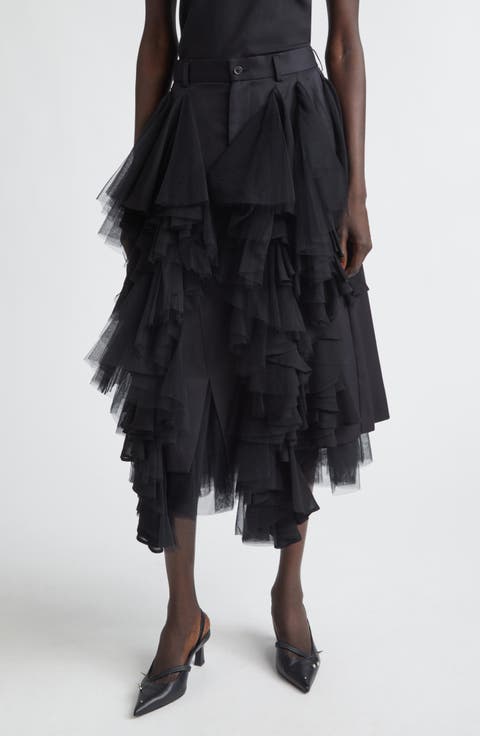 Wool Gabardine Skirt with Tulle Ruffles