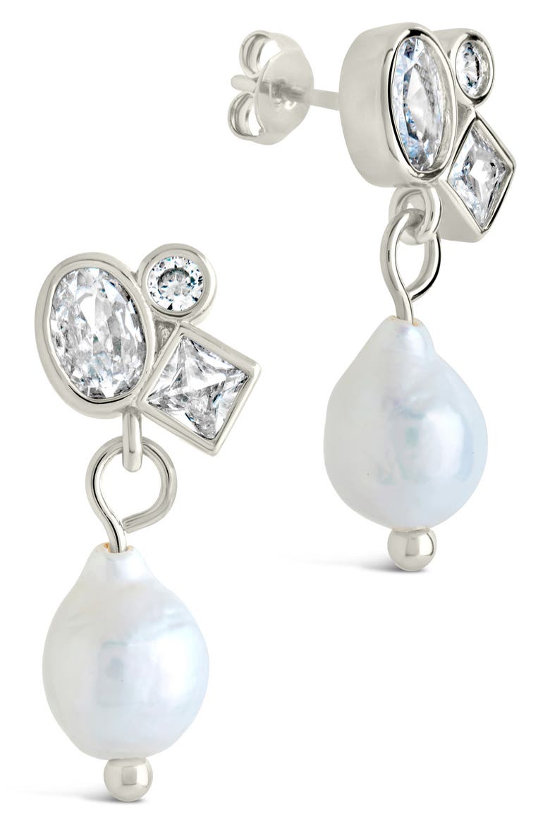 Penny Cubic Zirconia Cluster & Freshwater Pearl Drop Earrings, Main, color, SILVER