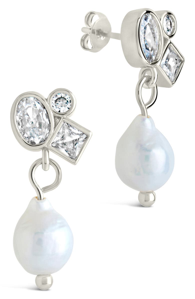 Sterling Forever Penny Cubic Zirconia Cluster & Freshwater Pearl Drop Earrings, Main, color, Silver