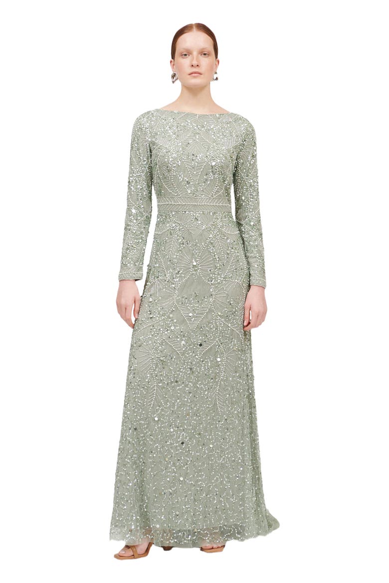 Occasion Modest Embellished Sequin Beaded A Line Evening Gown, Main, color, SAGE GREEN