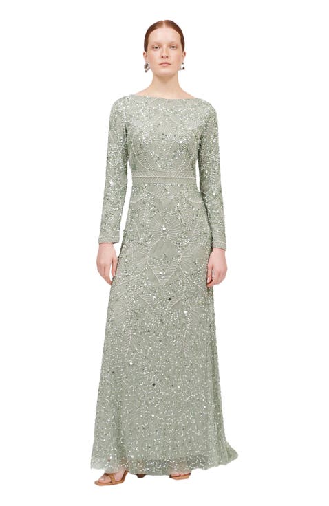 Occasion Modest Embellished Sequin Beaded A Line Evening Gown
