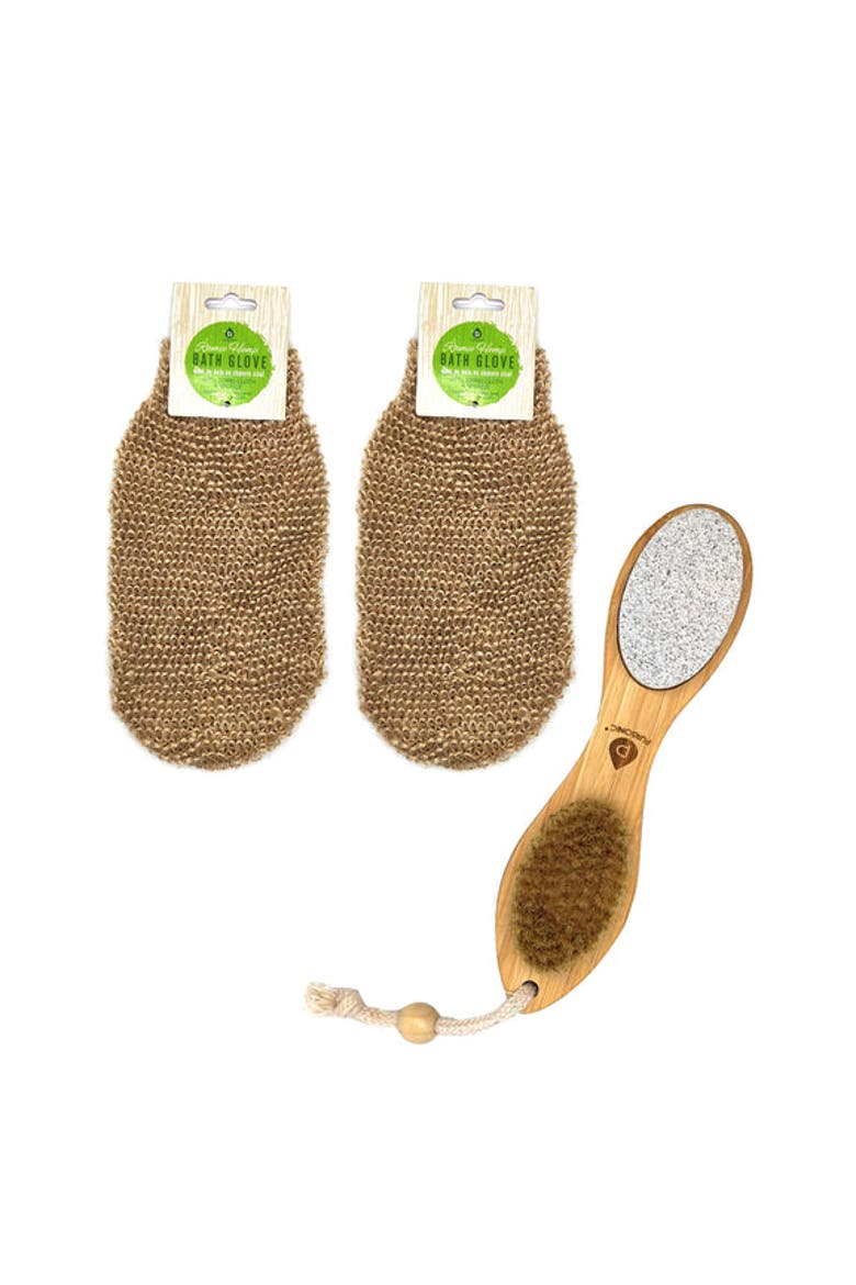 Sisal Hemp Bath Glove, Pack of 2, and 4-in-1 Foot Scrubber Bundle, Main, color, Multicolor