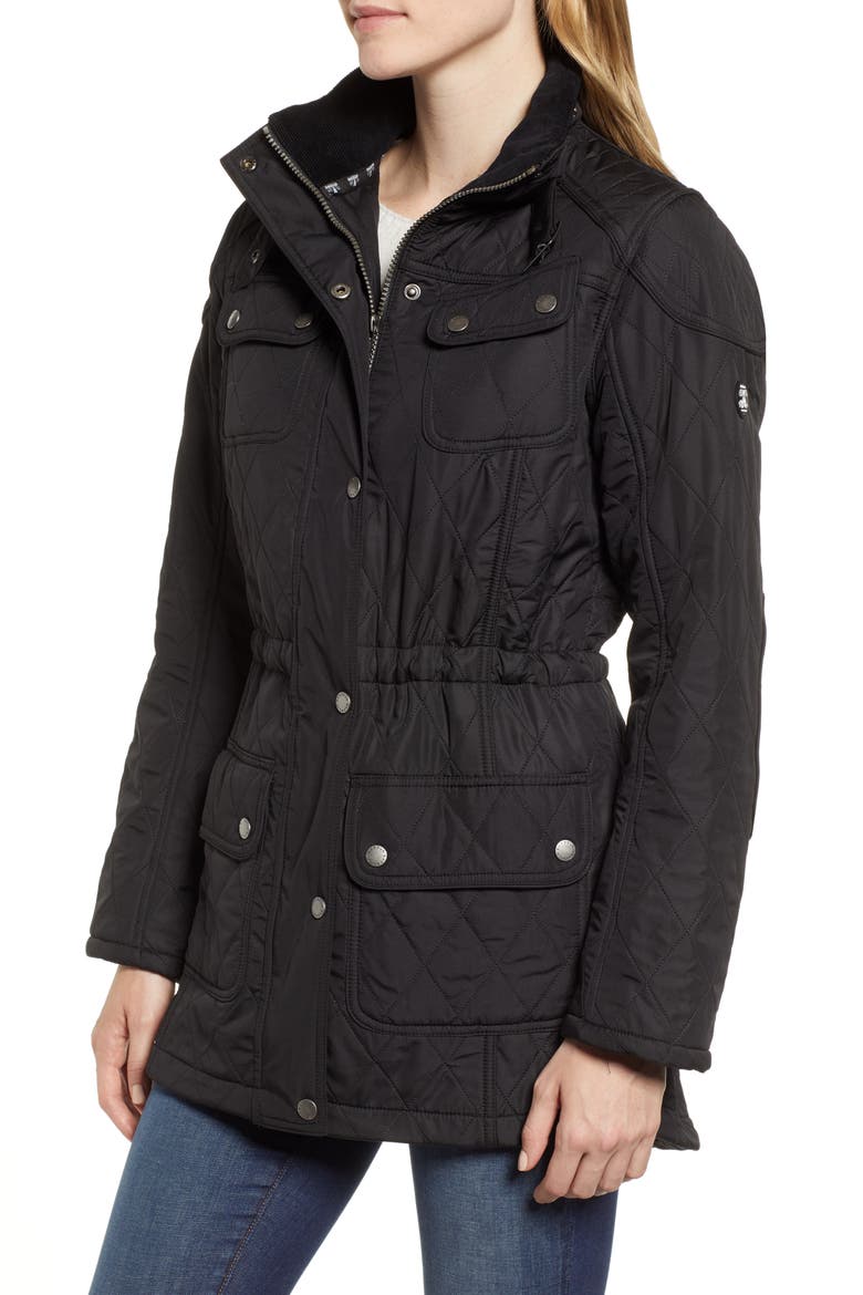 Arrow Quilted Hooded Anorak Coat, Alternate, color, BLACK