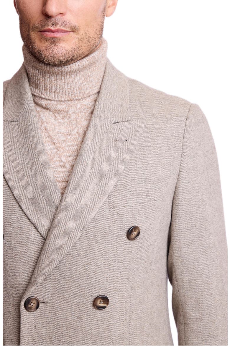 Peak Lapel Double Breasted Overcoat, Alternate, color, TAN HERRINGBONE