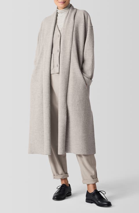 Eileen Fisher Double Faced Wool Open Front Notch Lapel Long