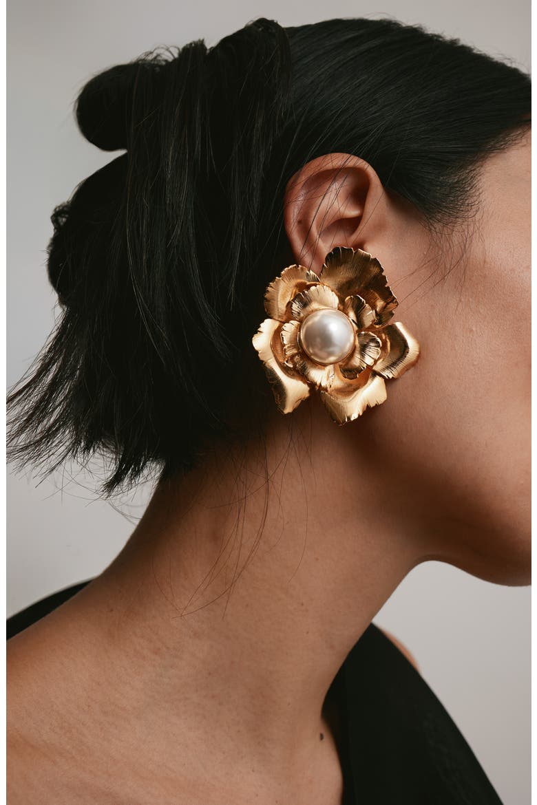 Jasmine Floral Faux Pearl Button Drop Earrings, Alternate, color, GOLD