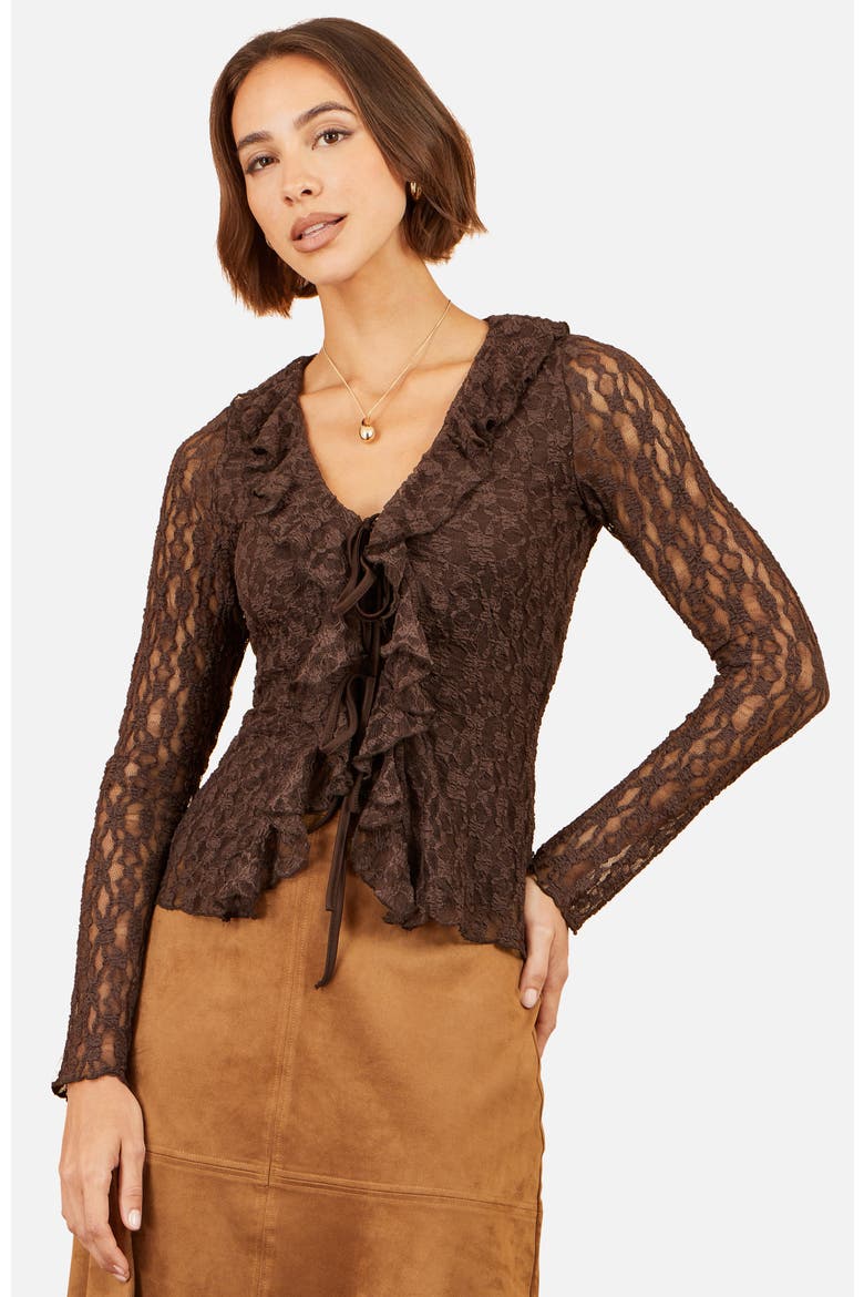 Sheer Long Sleeve Ruffle Lace Top, Alternate, color, Brown