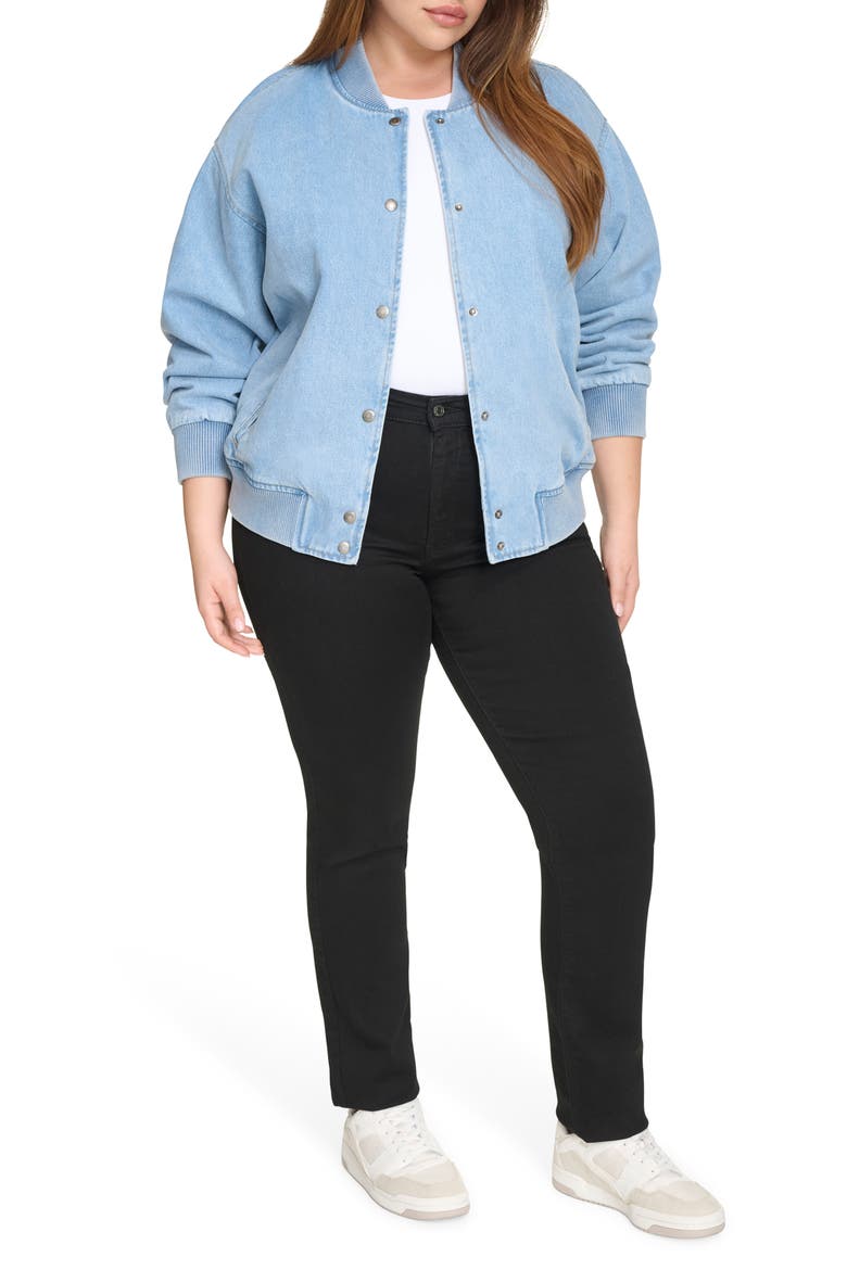 Crop Varsity Denim Bomber Jacket, Alternate, color, LT WASH DE