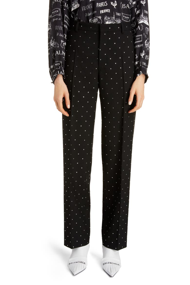 Embellished Straight Leg Wool Pants, Main, color, BLACK