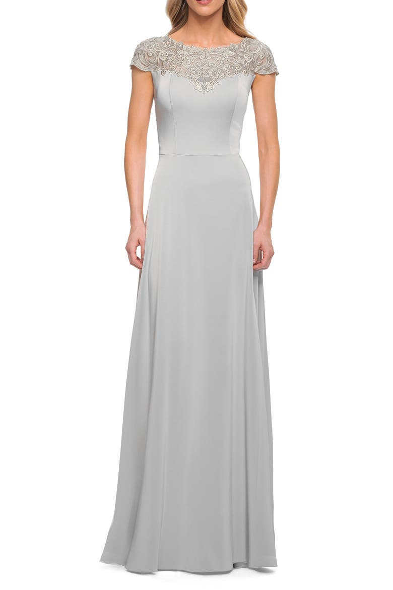 Jersey Gown with Full Skirt and Lace Detail Top, Main, color, Silver