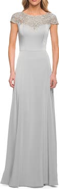 La Femme Jersey Gown with Full Skirt and Lace Detail Top