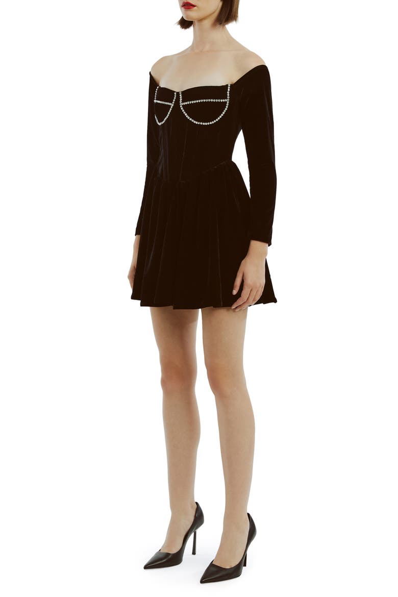 Emlyn Diamante Long Sleeve Velour Minidress, Alternate, color, BLACK