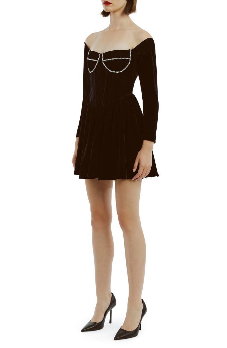 Bardot Emlyn Diamante Long Sleeve Velour Minidress, Alternate, color, Black