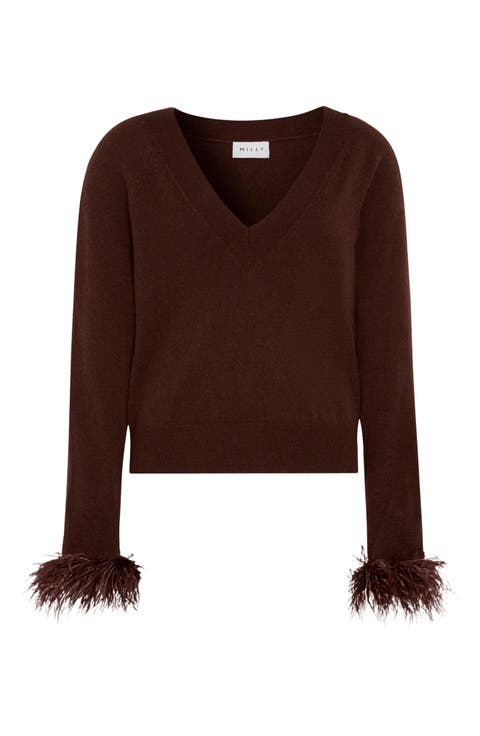 Feather Cuff V-Neck Sweater