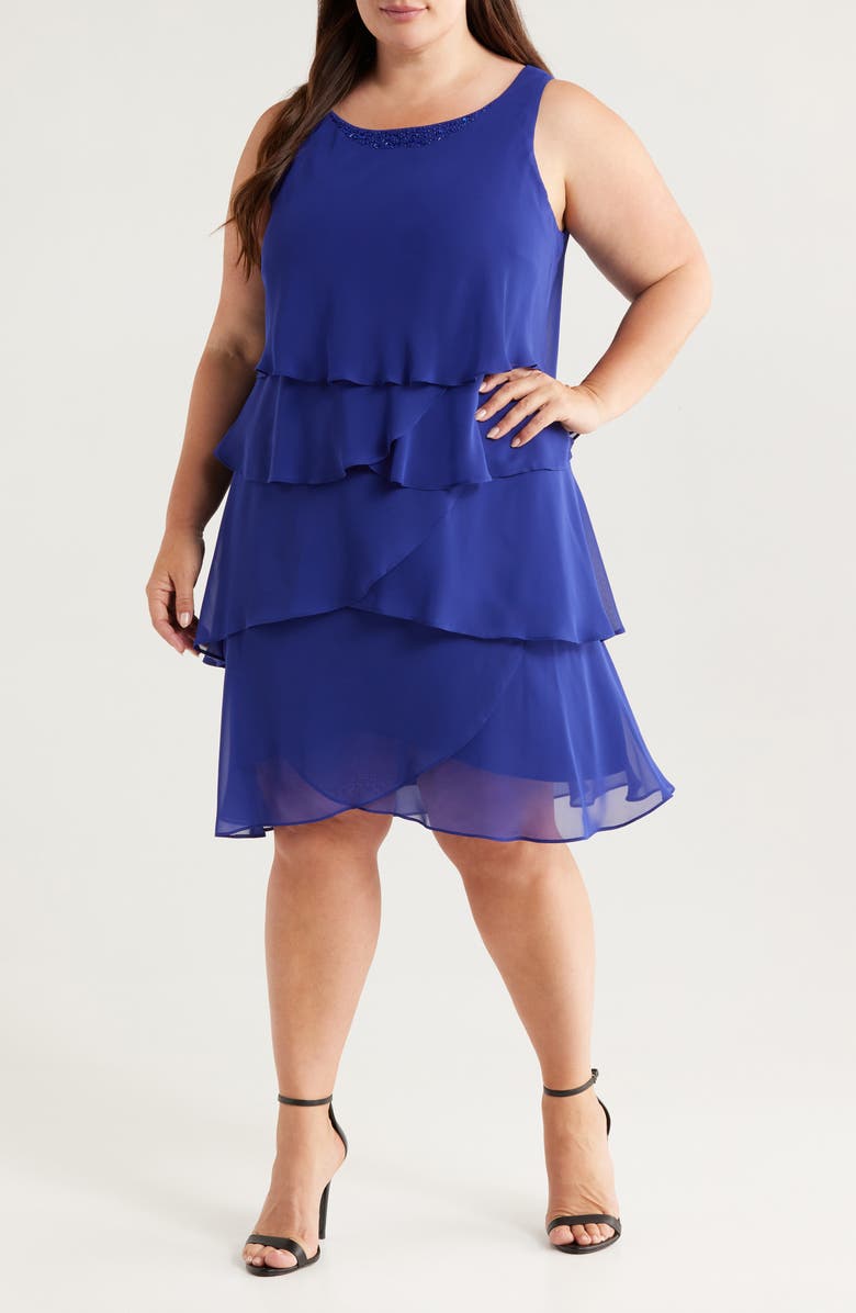 SL FASHIONS Beaded Tiered Chiffon Cocktail Dress with Jacket, Alternate, color, Iris