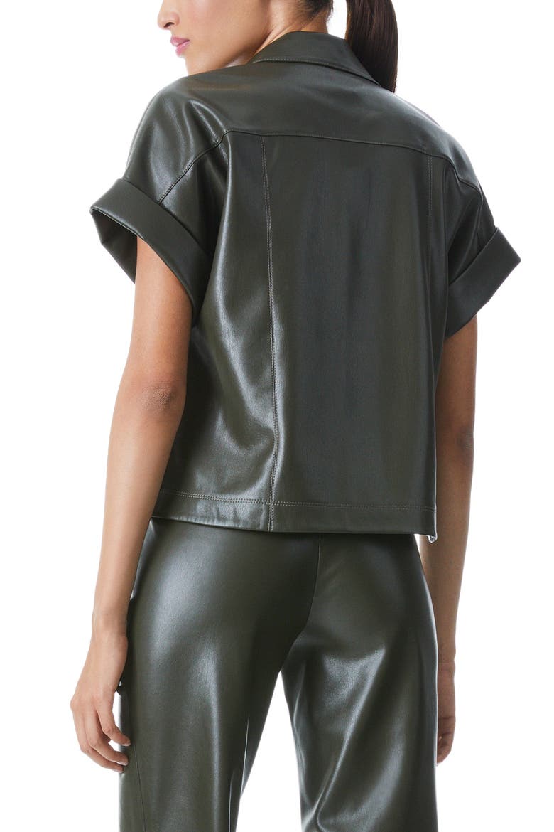 Edyth Short Sleeve Button-Up Faux Leather Shirt, Alternate, color, OLIVE