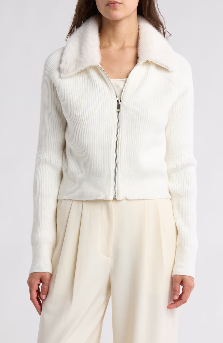 Laundry by Shelli Segal Faux Fur Collar Crop Zip Cardigan, Main, color, Cream