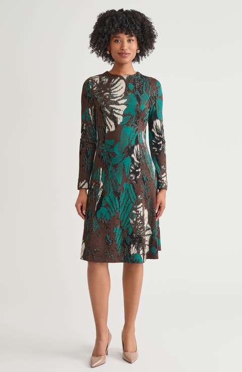 A-Line Floral Jacquard Soft Knit Midi Dress