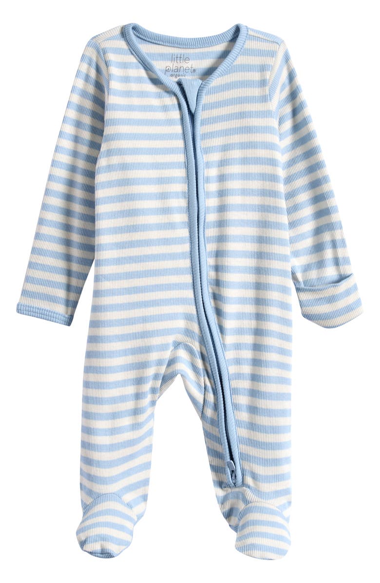 Little Planet Stripe Stretch Organic Cotton Zip Footie, Main, color, Blue Striped