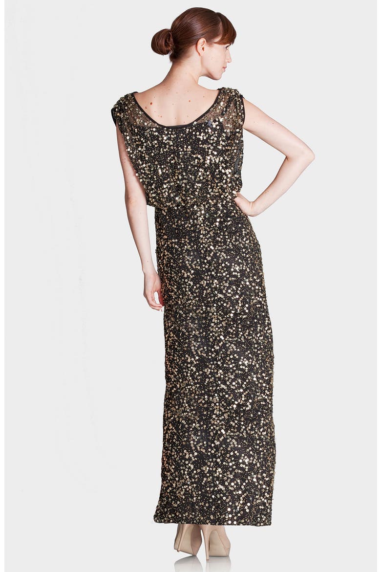 Blouson Bodice Sequin Mesh Gown, Alternate, color, BLACK/ GOLD